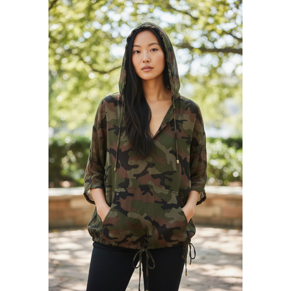Michael Kors Tops - 4994)Michael Kors Camouflage Silk Georgette semi Sheer Pullover Hooded Blouse M